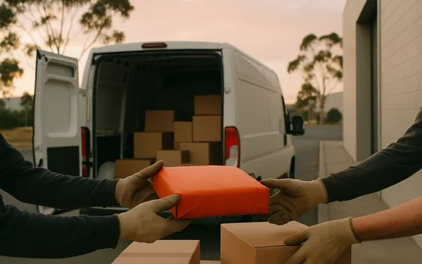 A parcel handed over from a delivery van at a loading dock at dawn