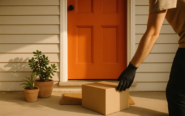 A sealed carton waiting on the doormat of a weatherboard house with an orange front door