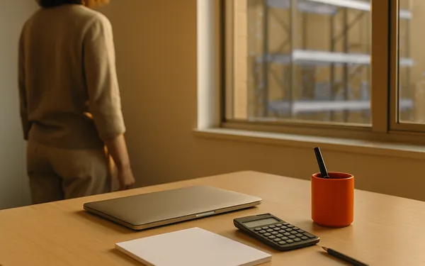 A closed laptop, blank paper, a calculator and a pen on an office desk in late afternoon light