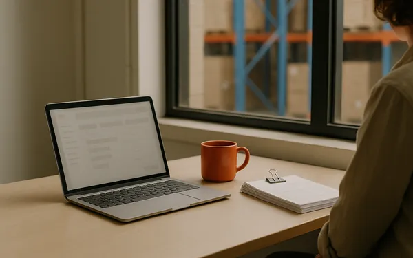 A laptop showing a booking screen beside a stack of paper consignment notes on a warehouse office desk