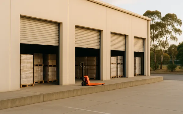 Three open warehouse roller doors along one loading dock in morning light, an orange pallet jack at the middle door