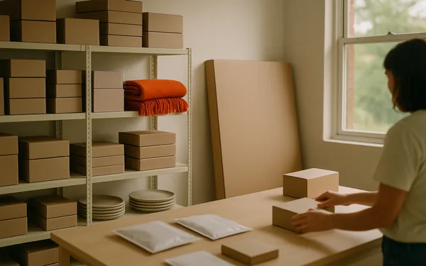 A small packing room with shelves of boxed homewares, satchels on a table and a large flat carton against the wall
