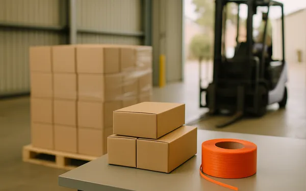 A small stack of cartons on a packing bench in front of a shrink-wrapped pallet, a coil of orange strapping beside them