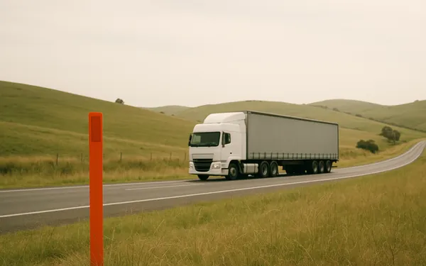 A linehaul truck on an open highway through low green hills