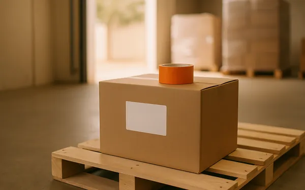 A carton with a blank shipping label on a wooden pallet in a warehouse