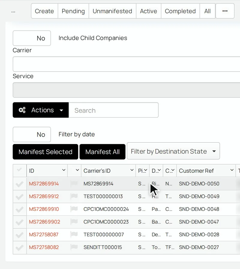Screen recording in Senditt's platform: three test consignments are ticked on the Unmanifested list, manifested with Manifest Selected, and leave the list