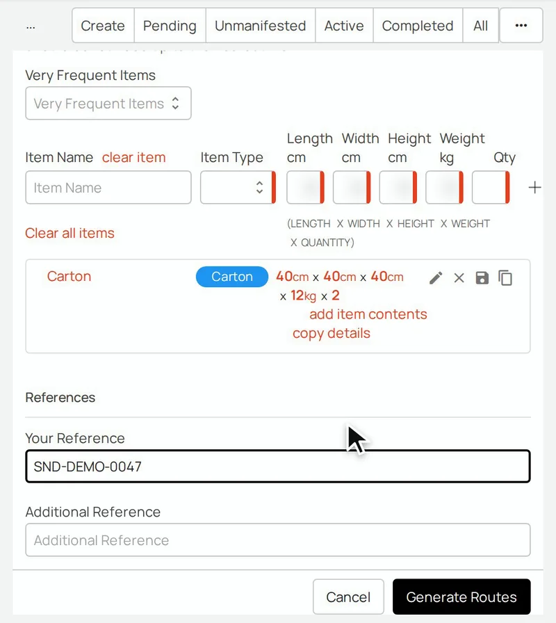 Screen recording in Senditt's platform: Generate Routes lists carriers and services for a test consignment, a Couriers Please route is selected and the consignment is created
