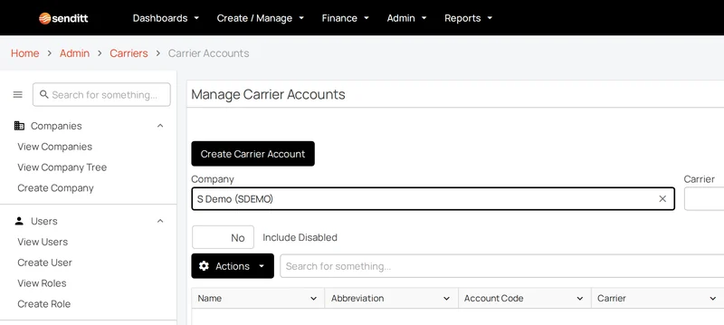 The Manage Carrier Accounts screen in Senditt's platform, filtered to a demo company
