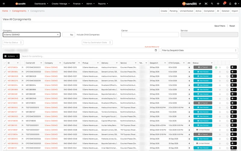 The consignments screen in Senditt's platform: tabs for creating, pending, unmanifested, active and completed consignments, the company and carrier filters, and a list of consignments with carrier service, despatch date, ETA and status