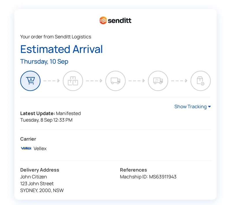 The public tracking page for a test consignment: estimated arrival, status steps, latest update and carrier