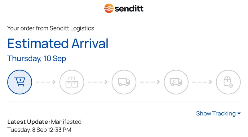 The public tracking page for a test consignment: estimated arrival, status steps and latest update
