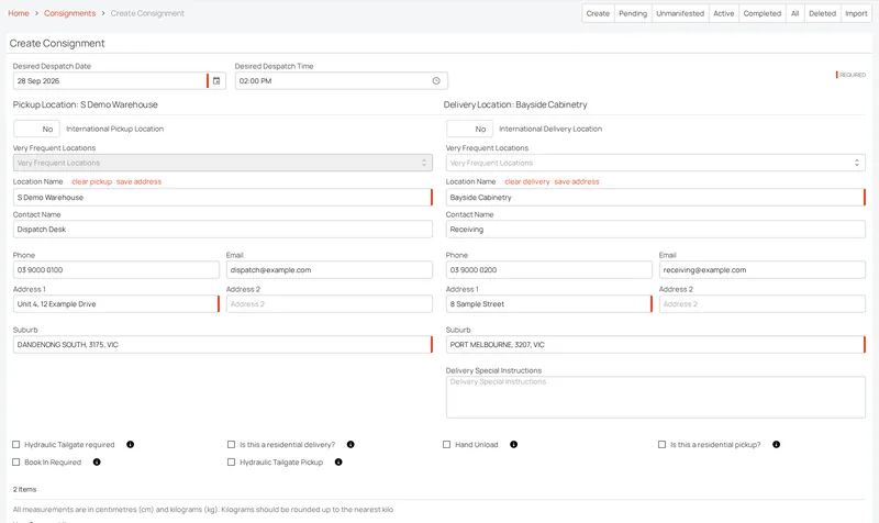The Create Consignment form in Senditt's platform