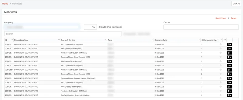 The manifest list in Senditt's platform