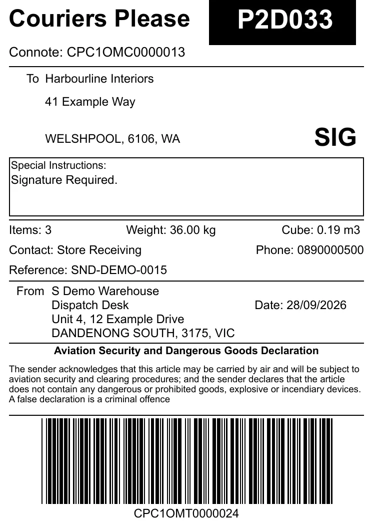 A test consignment label, SND-DEMO-0015